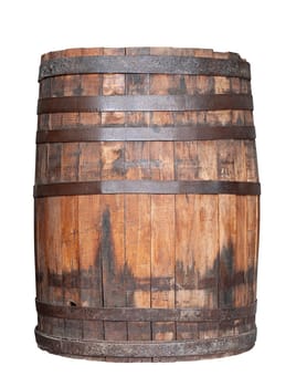 front view closeup of old wooden wine whiskey or beer barrel with rusted metallic collars isolated on white background