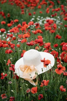 vertical closeup perspective view of woman wicker hat with light colored scarf in field with red poppy flowers