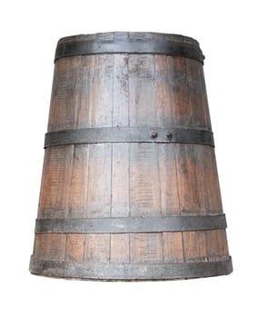 front view closeup of old wooden conical wine whiskey or beer barrel with rusted metallic collars isolated on white background