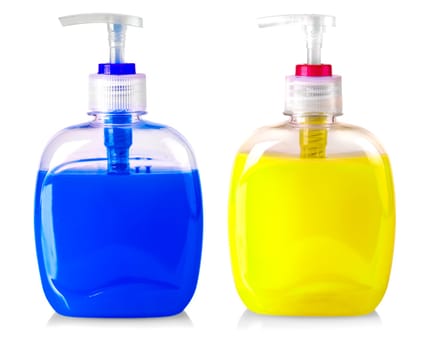 The Plastic bottle of the colored transparent liquid soap isolated on white background