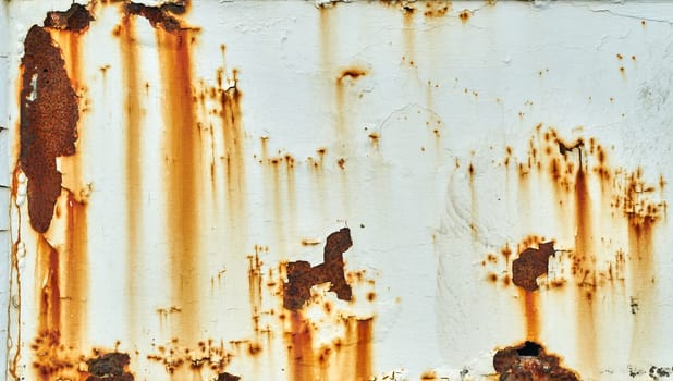 Patches of rust stain a white painted metal surface. The paint is cracked to reveal the metal underneath.