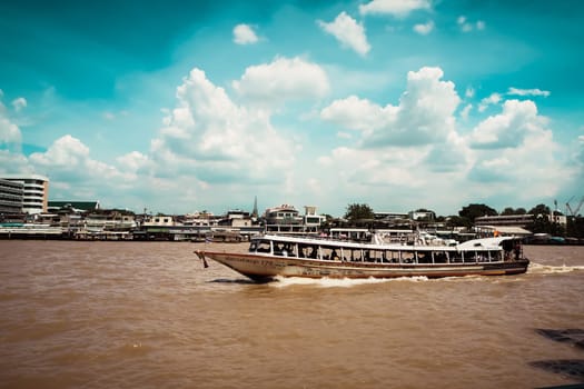 January 2019 Bangkok Thailand ferry taxi boat in Chao Phraya river in Bangkok, Thailand.