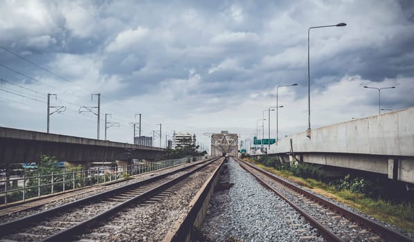 industrial concept background. Railroad travel, railway tourism. Blurred railway. Transportation