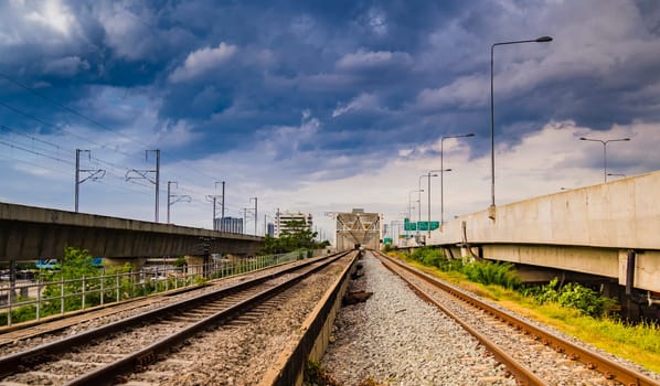 industrial concept background. Railroad travel, railway tourism. Blurred railway. Transportation