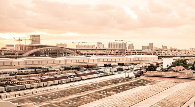 Cityscape of Bangkok city at sunset New Bangkok station Bangsue railway station, landscape Thailand