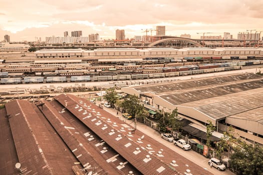 Cityscape of Bangkok city at sunset New Bangkok station Bangsue railway station, landscape Thailand