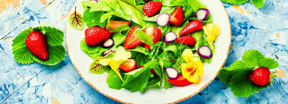 Fresh vegan salad of green ripe strawberries.Summer vitamin salad.Long banner