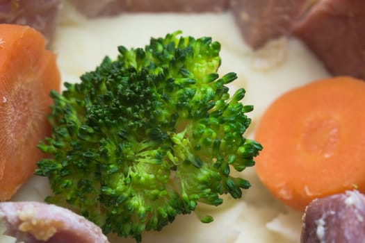 Full frame close up of cooked food, broccoli central, gammon meat, other vegetables and mashed potato carbohydrate surround. Balanced dinner meal.