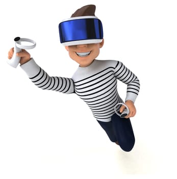 Fun 3D illustration of a cartoon man with a VR helmet