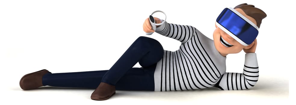 Fun 3D illustration of a cartoon man with a VR helmet