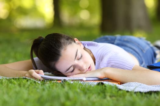 Tired student sleeping on notebook in a park