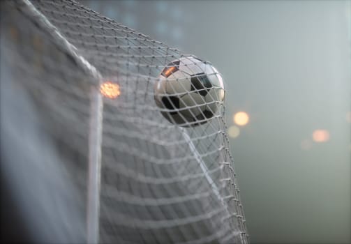 Soccer ball, scoring the goal and moving the net. 3D illustration.