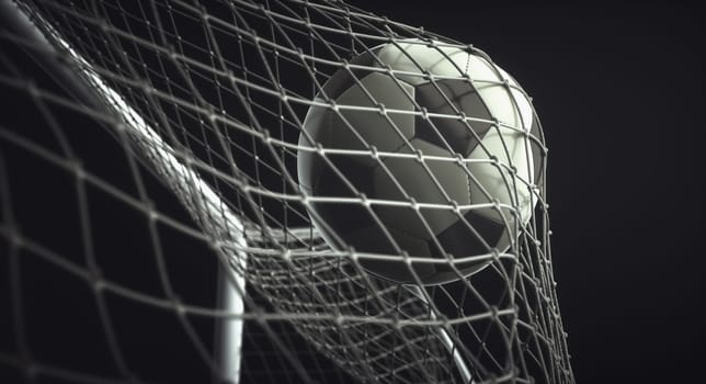 Soccer ball, scoring the goal and moving the net. 3D illustration, on black background.