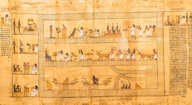 TURIN, ITALY - CIRCA MAY 2021: ancient Egyptian papyrus with hieroglyphic funerary text. Circa 1550 BC antique manuscript.