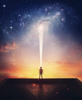Lone person on the rooftop admiring the galaxy and stars, lighting up the night sky with a lantern. Wonderful space background with colorful dusk light. Beautiful scenery, inspirational cosmic view