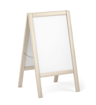 White advertising stand with wooden frame on white background