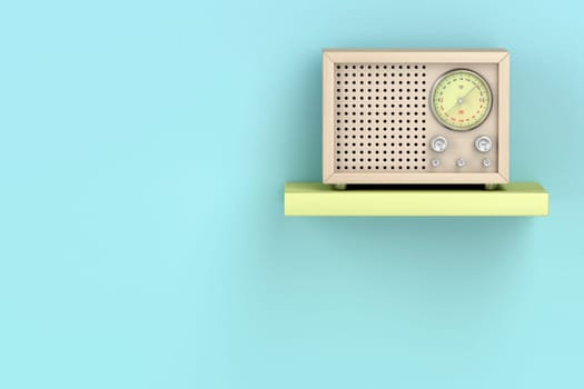 Wooden retro radio on shelf, front view