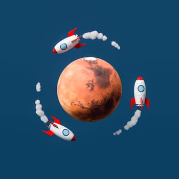 Cartoon Spaceships Flying Around Mars Isolated on Flat Blue Background 3D Illustration, Space Transportation Concept. Texture from solarsystemscope.com