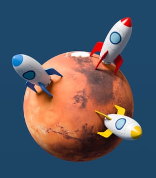 Cartoon Spaceships Landed on Mars Isolated on Flat Blue Background 3D Illustration, Space Colonization Concept. Texture from solarsystemscope.com