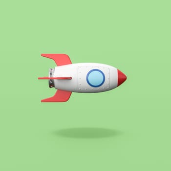 Red and White Cartoon Spaceship Isolated on Flat Green Background with Shadow 3D Illustration