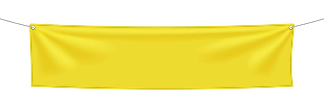 Yellow textile banner with folds, blank hanging fabric template. Empty mockup. Vector illustration isolated on white background