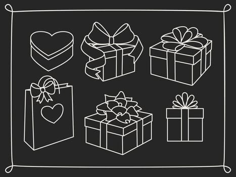 Doodle set of gift boxes with bows, heart shaped box and a gift bag. Hand drawn presents collection. Graphic design elements for advertisement, flyer, poster, web shop sale. Vector illustration