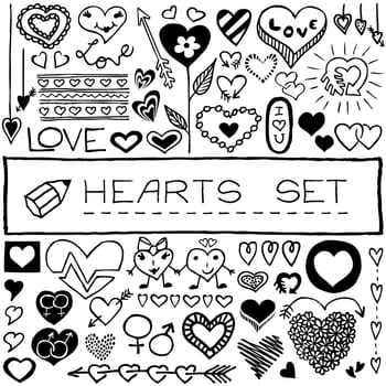 Hand drawn heart icons, arrows, flowers. Graphic design grunge sketch style elements for Valentine's day, birthday card, baby shower, wedding invitation, app, infographics, poster. Vector illustration