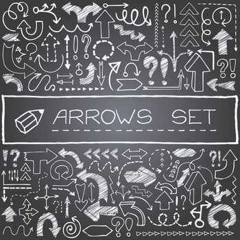 Hand drawn arrow icons, exclamation, question mark. Ink pen sketch doodle symbol. Graphic design sketch style elements for web site button, mobile app, infographics, poster, flyer. Vector illustration