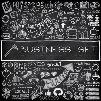 Hand drawn business icons set with arrows, diagrams, puzzle pieces, thumbs up and more. Chalkboard effect. Vector Illustration.
