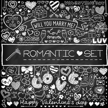 Chalk board doodle set of hearts, arrows, bows, presents, flowers etc. Design elements for Valentines Day, wedding invitation, baby shower, birthday card etc. Vector illustration.