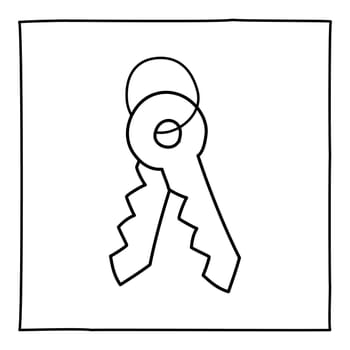 Doodle two keys icon or logo, hand drawn with thin black line. Graphic design element isolated on white background. Vector illustration