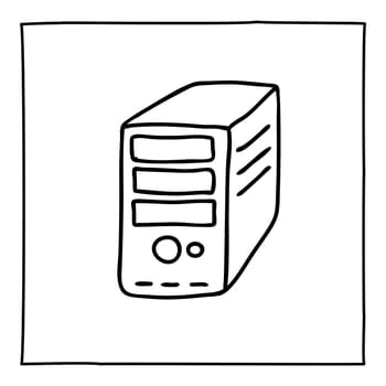 Doodle desktop computer icon or logo, hand drawn with thin black line. Isolated on white background. Vector illustration