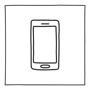 Doodle mobile smart phone icon or logo, hand drawn with thin black line. Isolated on white background. Vector illustration