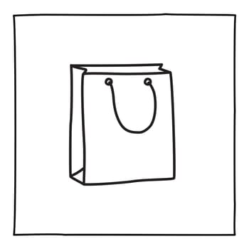 Doodle shopping bag icon or logo, hand drawn with thin black line. Isolated on white background. Vector illustration