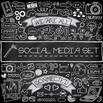 Doodle social media icons set with chalkboard effect. Networking concept with speech bubbles, mobile phone, tags with captions and other design elements