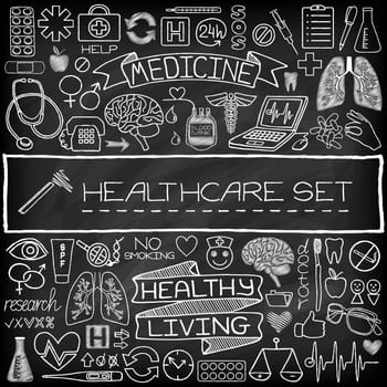 Hand drawn medical set of icons with medical and science tools, human organs, diagrams etc. Black chalkboard effect. Vector illustration.