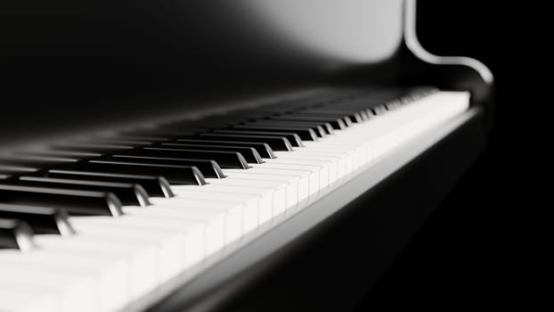 Piano keyboard close up view of black and white keys. Musical background. 3D illustration
