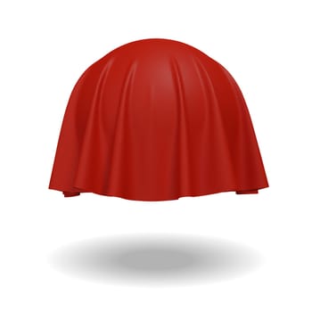 Ball or sphere covered with red fabric material, isolated on white background. Surprise, award and presentation concept, revealing hidden object or raising the curtain. 3D illustration.