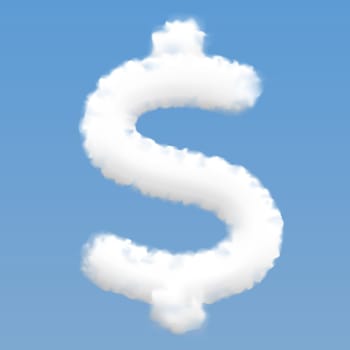 Realistic dollar sign shaped white cloud on blue sky background, vector illustration with transparency