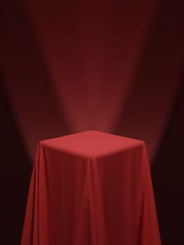 Red fabric covering a cube or a table, with red background and stage spotlights. Can be used as a stand for product display, draped table. Vector illustraion