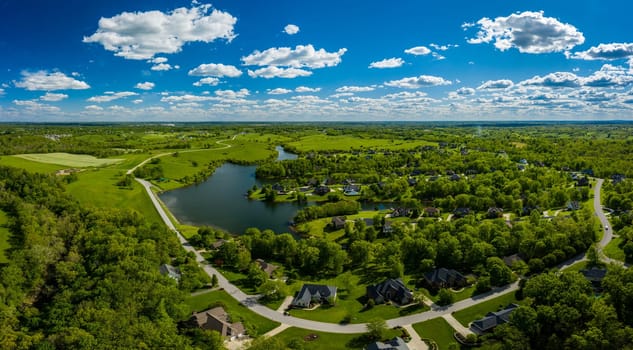 Aerial view of  a residential neighborhood by a lake near Georgetown, Kentucky