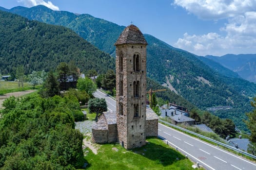 Romanesque church Sant Miquel d Engolasters whose main architectural feature is the bell tower, in Andorra, UNESCO World Heritage Site Front view entrance with typical porch