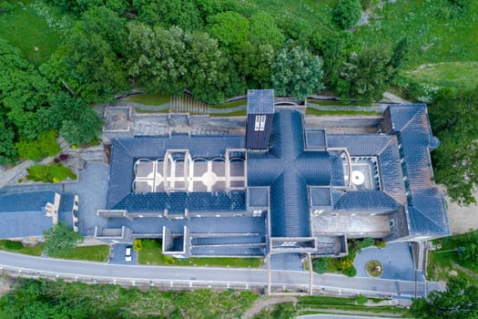 Sanctuary of Our Lady of Meritxell is a basilica located in the town of Meritxell, in the Andorran parish of Canillo, Aerial view overhead