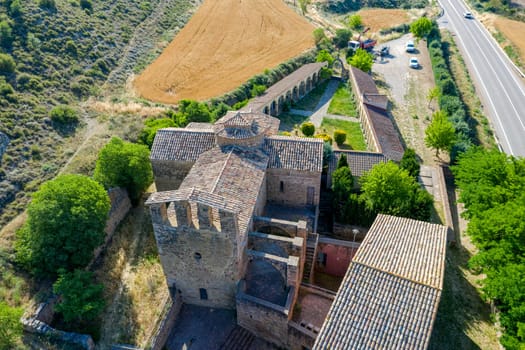 Church of Santa Maria of the Priorat in Castellfollit de Riubregos, Anoia Spain. Declared cultural heritage of national interest. Front aerial view