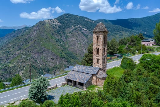 Romanesque church Sant Miquel d Engolasters whose main architectural feature is the bell tower, in Andorra, UNESCO World Heritage Site Front view entrance with typical porch