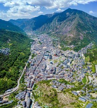 Panoramic aerial view of Andorra la Vieja located in the Pyrenees, at 1022 meters, it is the capital of the State at the highest altitude above sea level in all of Europe
