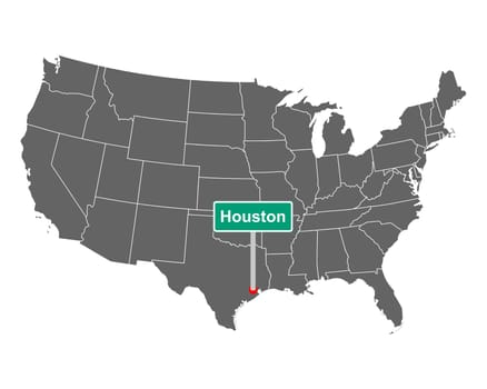 Landkarte der USA mit Orstsschild Houston