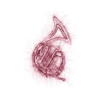 Stylized french horn ink sketch over white