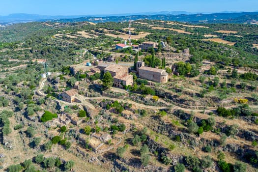 Church of Santa Maria de la Aguda, dated in the 11th century in Tora La segarra, Catalonia Spain. Aerial view