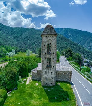 Romanesque church Sant Miquel d Engolasters whose main architectural feature is the bell tower, in Andorra, UNESCO World Heritage . Panoramic composition